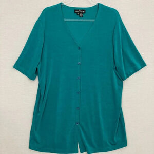 Carole Little Blue Slinky Knit Stretch V Neck Button Down Short Sleeve Top 1X